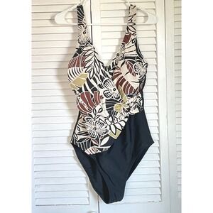 Ocean Dream Women Swimsuit‎ 16 One Piece Black Floral Wrap Ring Detail